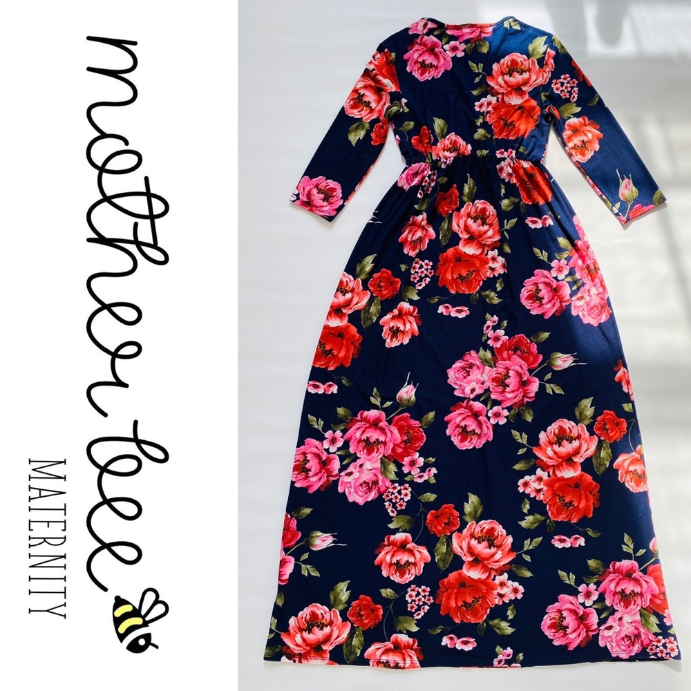 MOTHER BEE Maternity Navy Pink Floral Maxi Dress sz Small V-neck 3/4 Sleeves